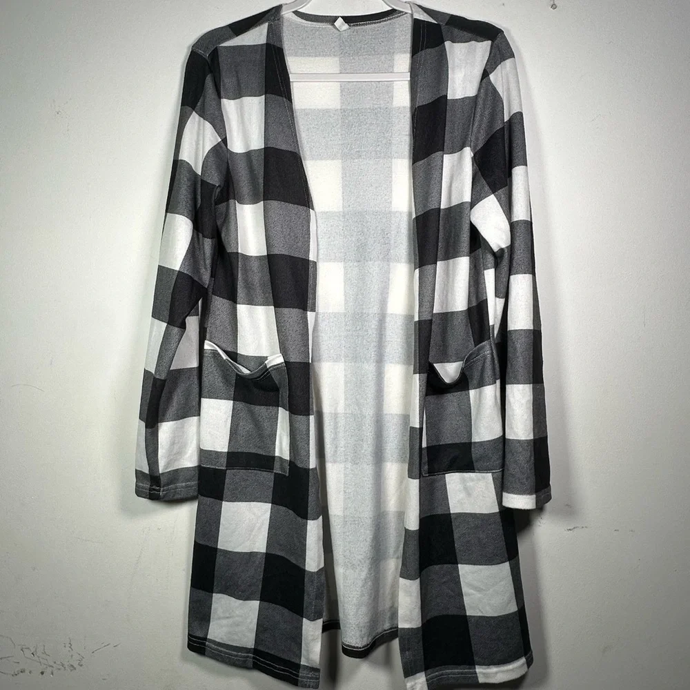 Womens Black White Buffalo Plaid Long Duster Open Cardigan Sweater Coat Jacket S